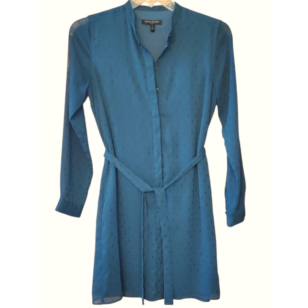 Banana Republic‎ Teal Green Long-Sleeve Button Front Shirt Dress Metallic Size 2